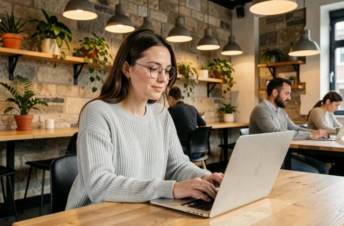 Femme travaillant dans un espace de coworking à Lannion avec des murs en pierre apparente