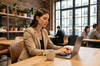 Femme travaillant dans un espace de coworking moderne du 17e arrondissement de Paris avec un ordinateur portable et un café