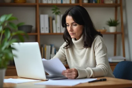 Femme d'âge moyen concentrée à la maison en cuisine