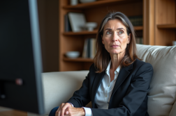 Femme d'affaires assise sur un canapé regardant la télévision