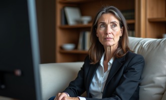 Femme d'affaires assise sur un canapé regardant la télévision