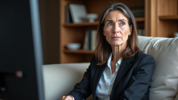 Femme d'affaires assise sur un canapé regardant la télévision