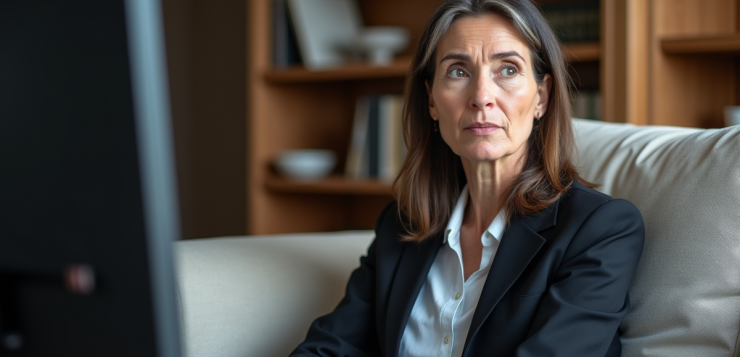 Femme d'affaires assise sur un canapé regardant la télévision