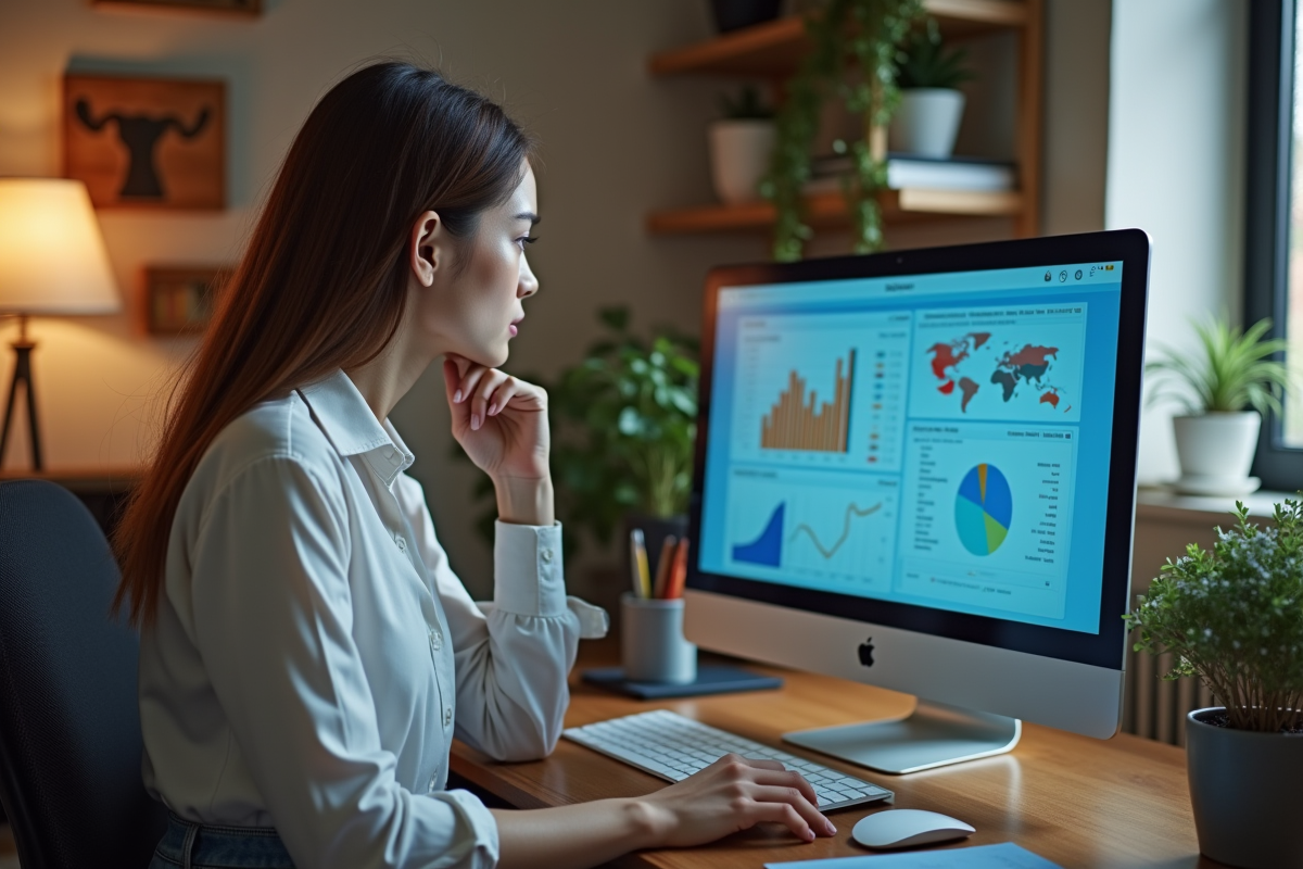 Jeune femme surveillant un tableau de bord marketing à domicile