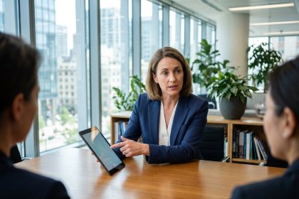 Femme dirigeante concentrée lors d'une réunion en bureau moderne