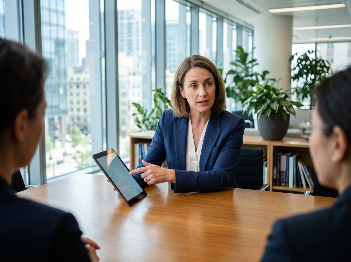 Femme dirigeante concentrée lors d'une réunion en bureau moderne