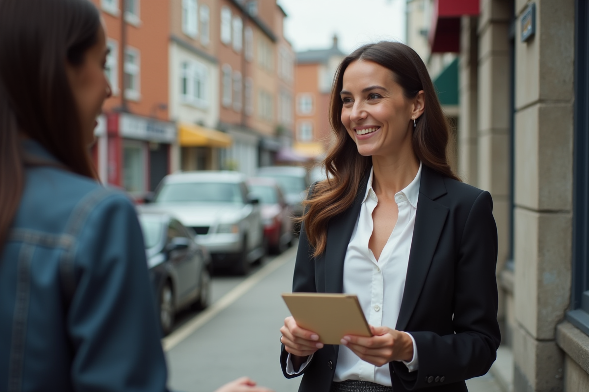 Femme discutant avec un directeur de casting devant un studio