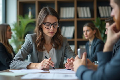 Femme en réunion utilisant un enregistreur vocal en entreprise