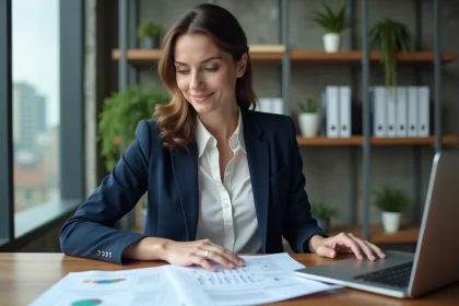 Femme entrepreneur analysant un business plan sur son bureau dans un espace de coworking moderne