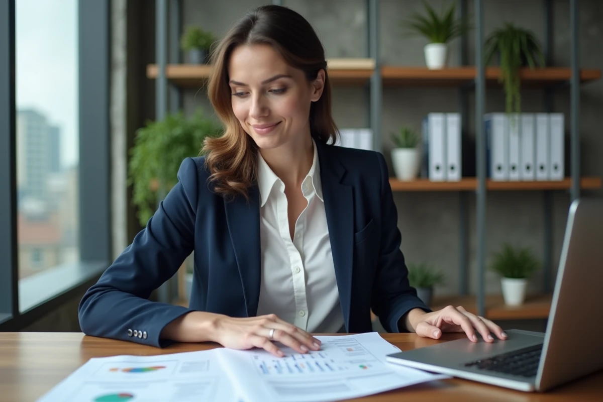 Femme entrepreneur analysant un business plan sur son bureau dans un espace de coworking moderne