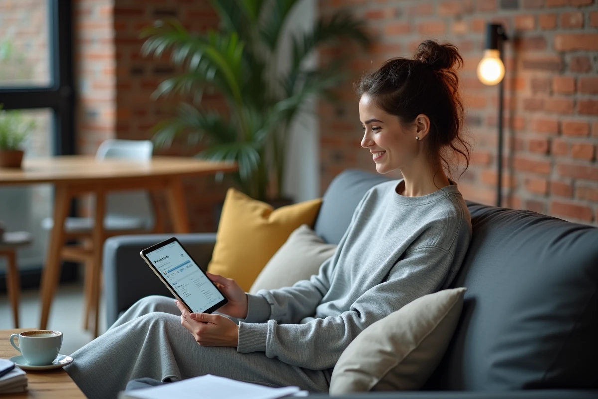 Jeune femme entrepreneur assise sur un canapé consultant une application de planification business sur tablette avec un plan d'action imprimé pour générer des revenus passifs