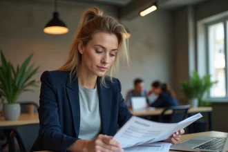 Femme entrepreneur consultant les tarifs du bureau de réservation du Foyer Entrepreneurial dans un espace de coworking moderne