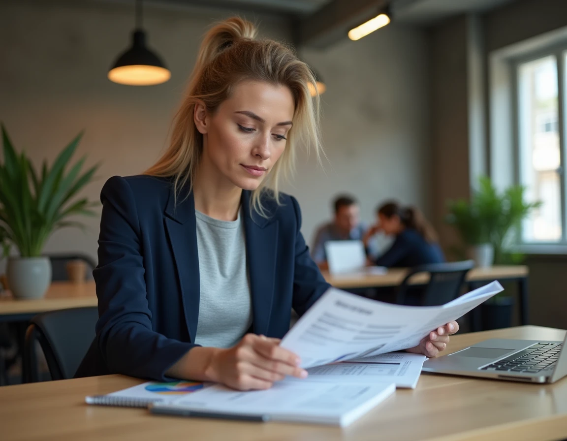Femme entrepreneur consultant les tarifs du bureau de réservation du Foyer Entrepreneurial dans un espace de coworking moderne