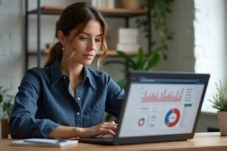 Femme entrepreneur analysant un tableau de bord de vente de formations en ligne sur son ordinateur portable dans un bureau à domicile