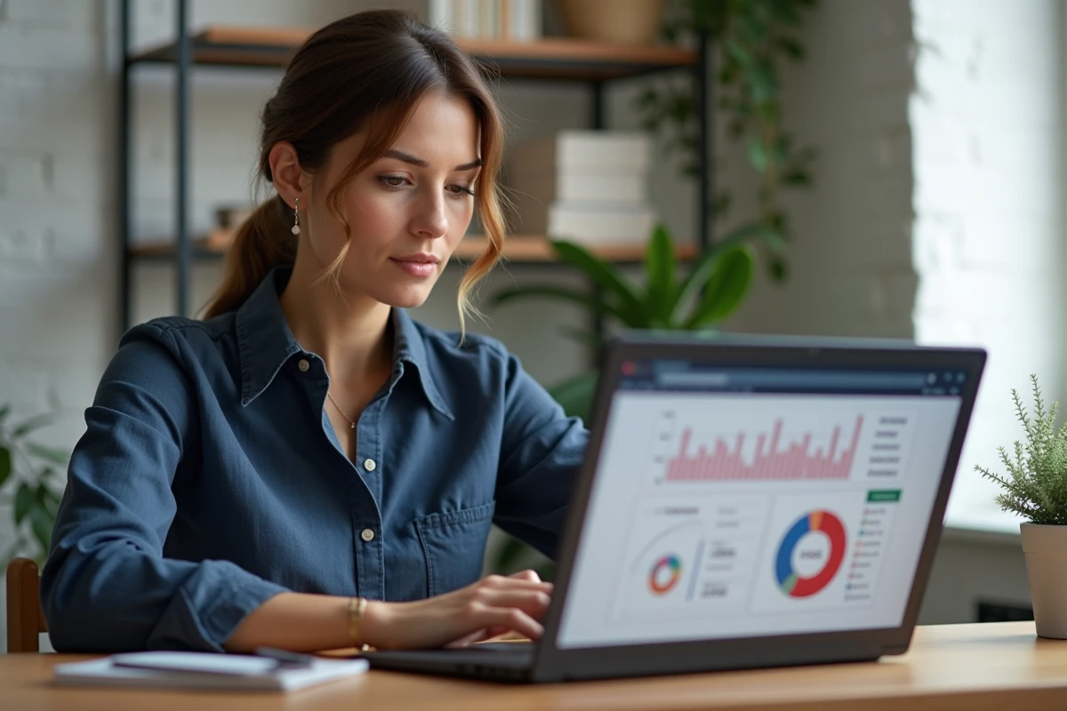 Femme entrepreneur analysant un tableau de bord de vente de formations en ligne sur son ordinateur portable dans un bureau à domicile