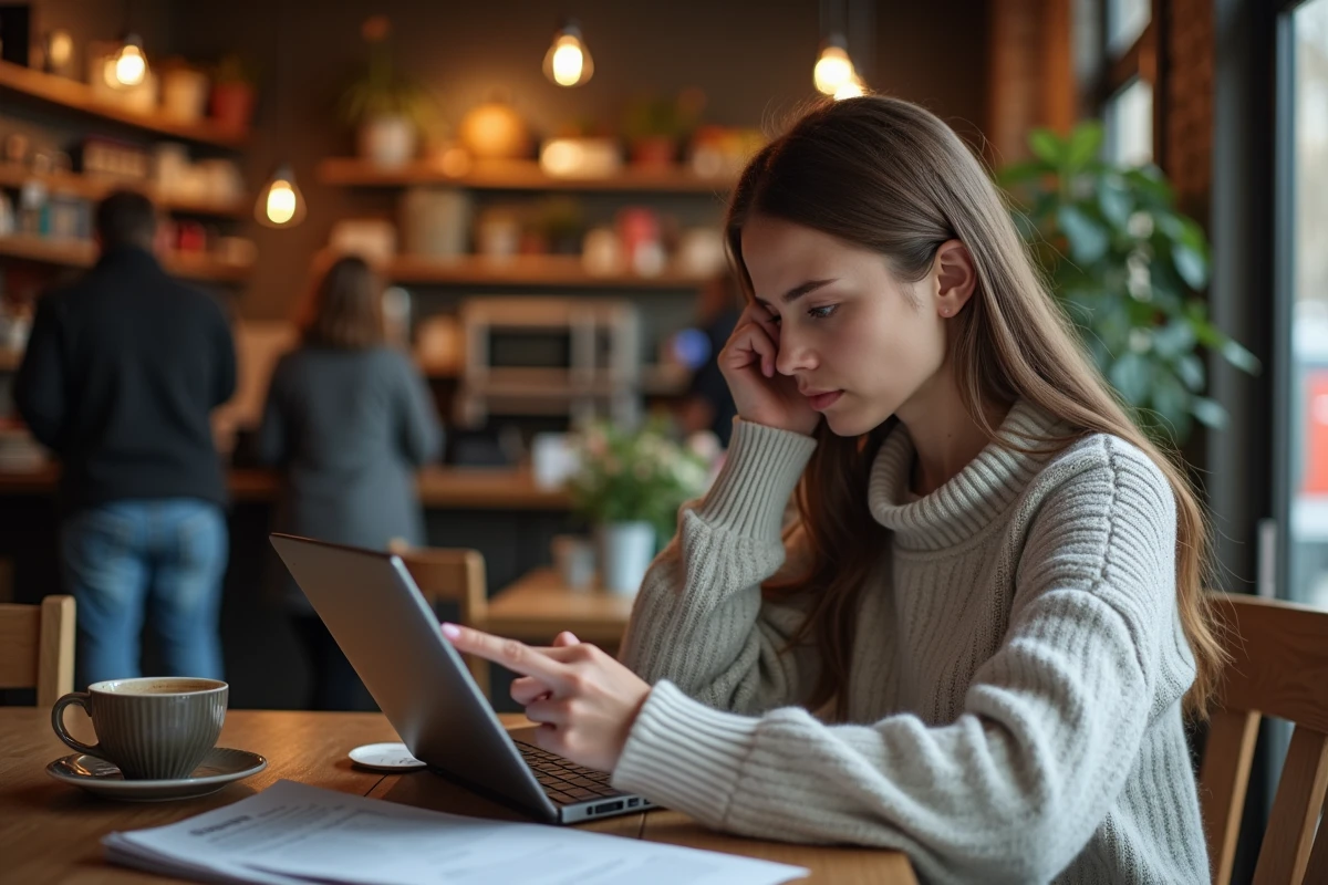 Jeune femme frustrée utilisant une tablette dans un café animé