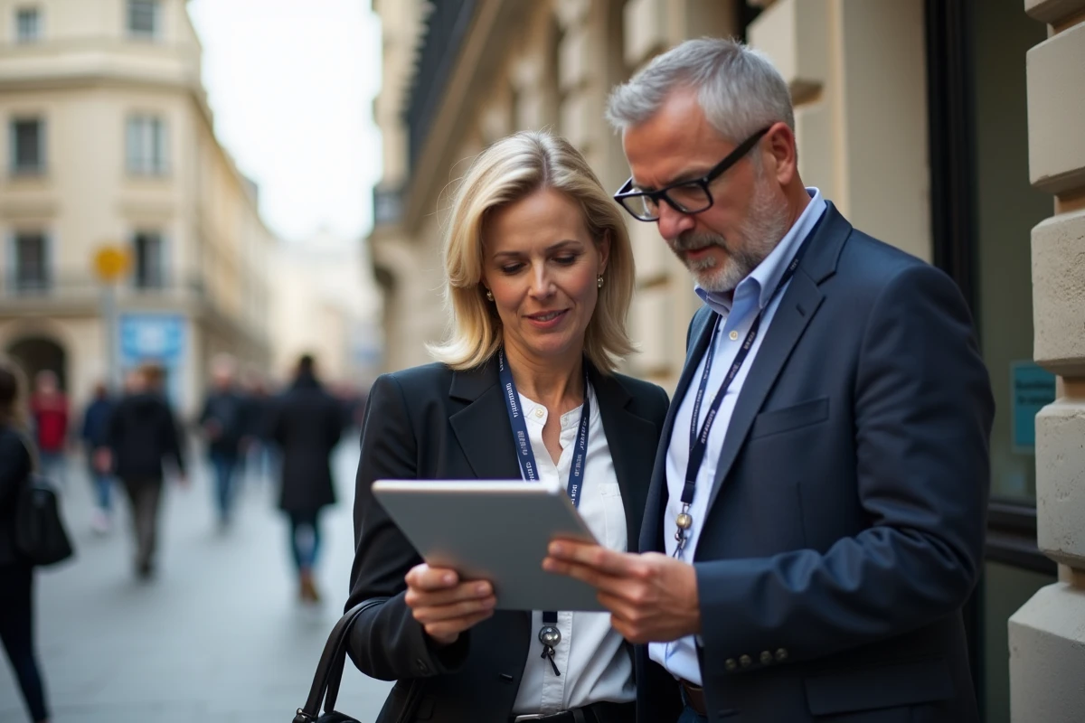 Homme et femme d affaires regardant une tablette dans la rue
