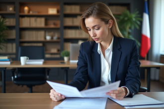 Femme en blazer navy examinant documents juridiques