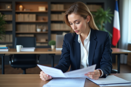 Femme en blazer navy examinant documents juridiques