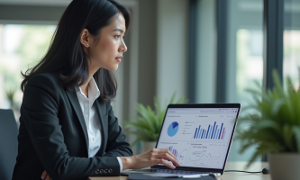 Jeune femme analysant un tableau de bord marketing digital