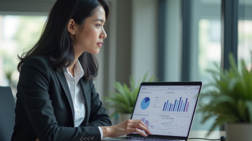 Jeune femme analysant un tableau de bord marketing digital