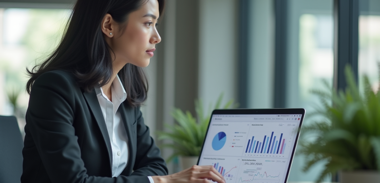 Jeune femme analysant un tableau de bord marketing digital