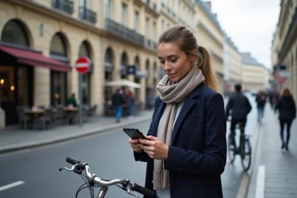 Jeune femme parisienne vérifiant son smartphone près de son vélo