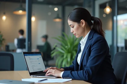 Femme professionnelle consultant un portail RH sécurisé sur ordinateur portable au bureau pour protéger ses données personnelles
