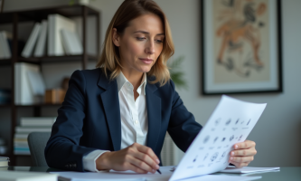 Femme en blazer navy lisant un document professionnel