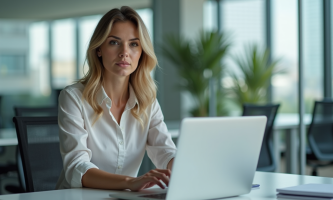 Femme d'affaires concentrée dans un bureau lumineux