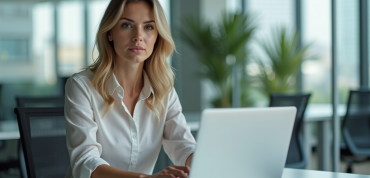 Femme d'affaires concentrée dans un bureau lumineux