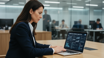 Femme en blazer regardant un tableau de bord digital