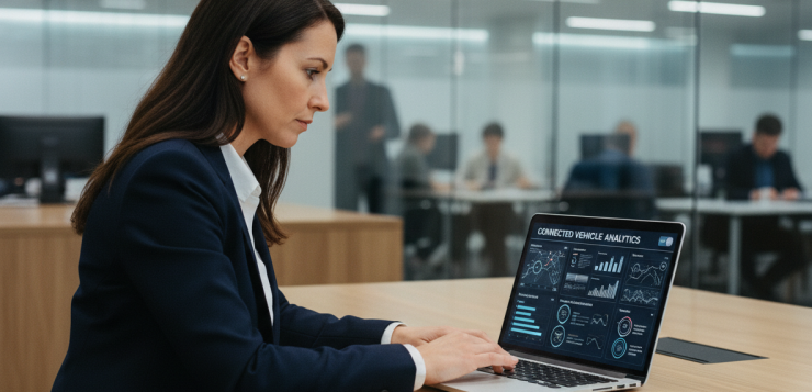 Femme en blazer regardant un tableau de bord digital