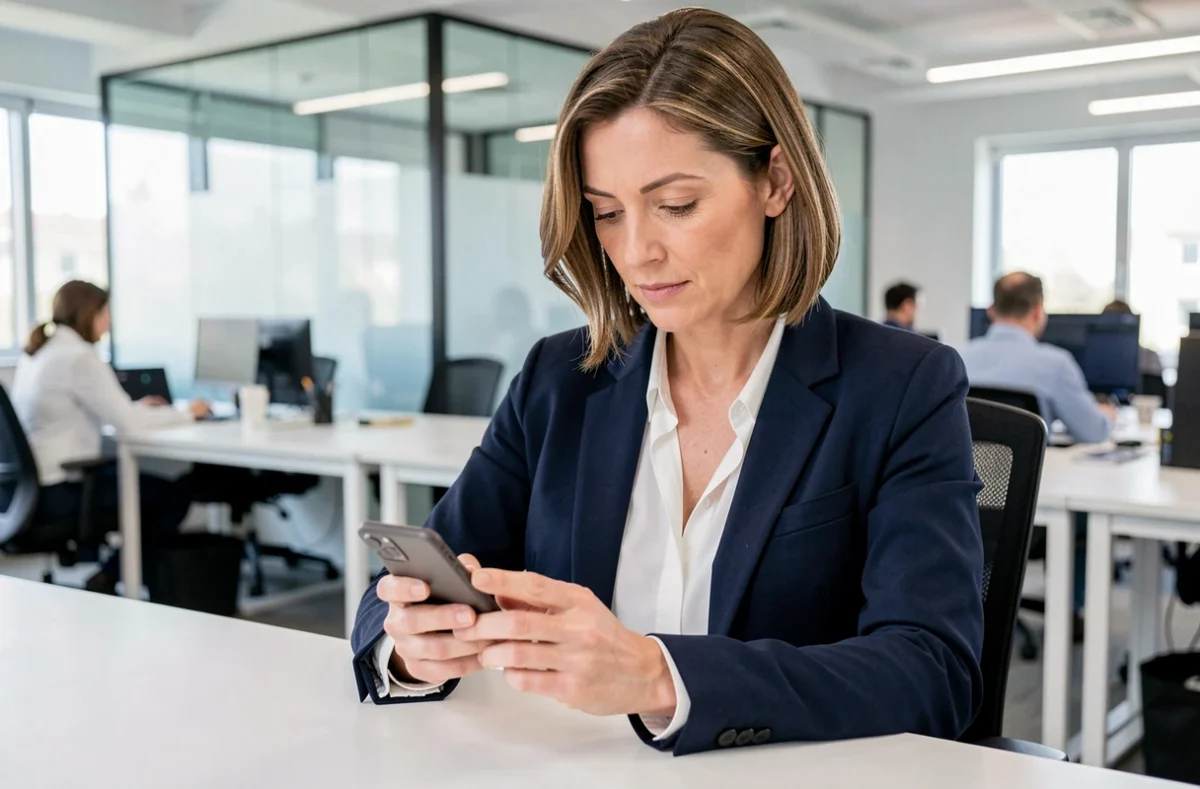 Femme professionnelle configurant son compte WhatsApp Business sur smartphone dans un bureau moderne