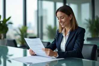 Femme professionnelle en blazer marine examinant des documents de partenariat B2B dans un bureau moderne avec vue sur la ville