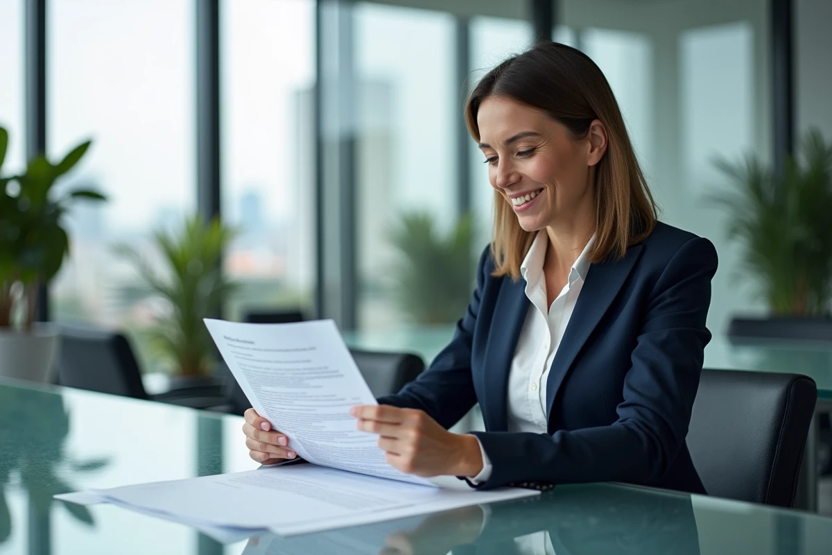 Femme professionnelle en blazer marine examinant des documents de partenariat B2B dans un bureau moderne avec vue sur la ville
