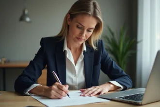 Femme professionnelle rédigeant une lettre de démission courte et formelle à son bureau