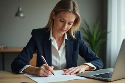 Femme professionnelle rédigeant une lettre de démission courte et formelle à son bureau