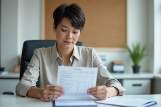 Femme d'âge moyen examine une fiche de paie dans un bureau moderne
