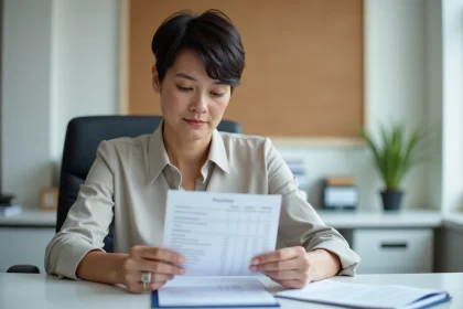 Femme d'âge moyen examine une fiche de paie dans un bureau moderne