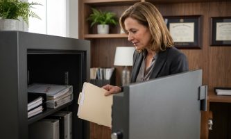 Femme d'affaires ouvrant un coffre-fort dans un bureau moderne