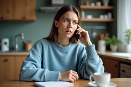 Femme au téléphone dans une cuisine moderne et chaleureuse