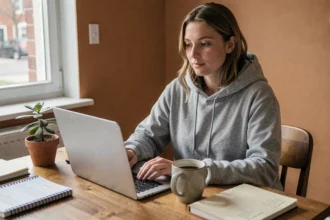 Femme en télétravail travaillant depuis son bureau à domicile sur un ordinateur portable, illustrant les emplois full remote accessibles sans diplôme Bac+5