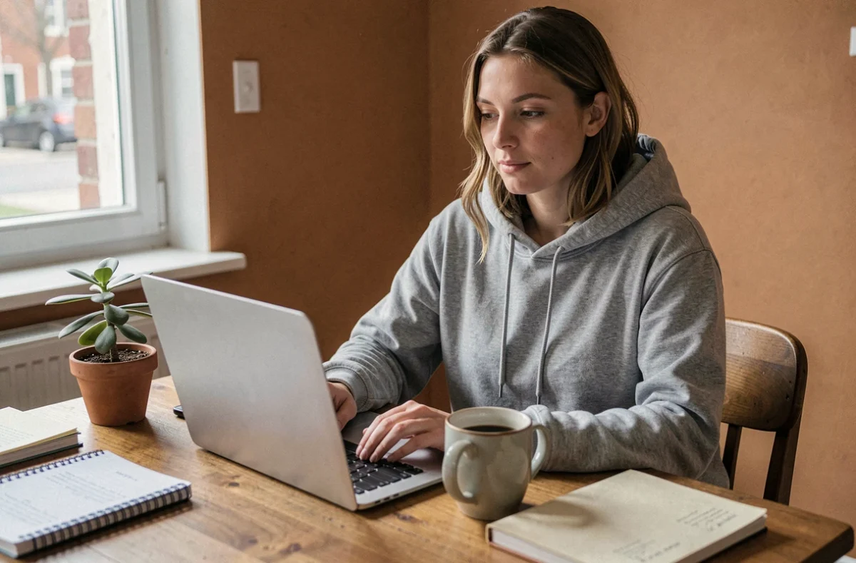 Femme en télétravail travaillant depuis son bureau à domicile sur un ordinateur portable, illustrant les emplois full remote accessibles sans diplôme Bac+5