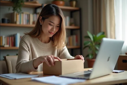 Femme travaillant à domicile en emballant des colis sur son bureau, avec un ordinateur portable affichant une offre d'emploi Pôle emploi
