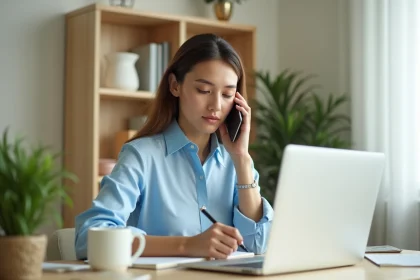Femme au bureau à domicile parlant au smartphone