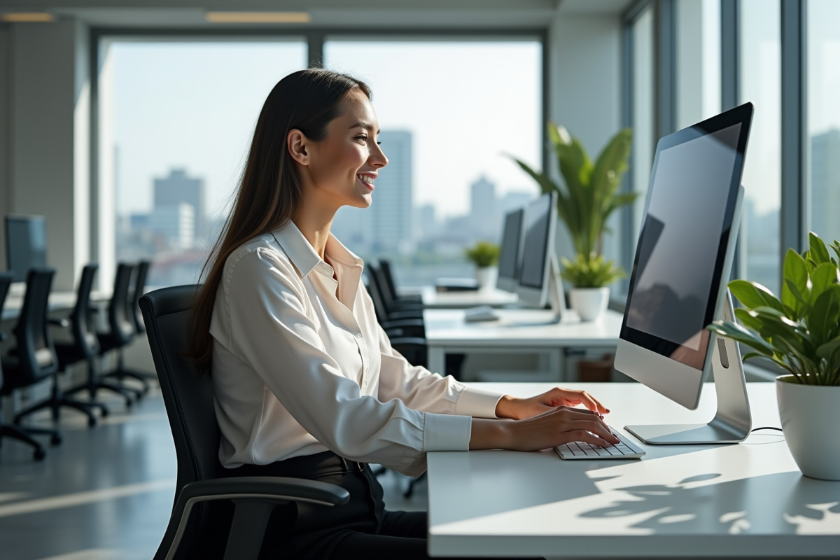 Jeune femme concentrée devant son ordinateur dans un bureau lumineux