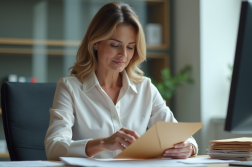Femme d'âge moyen insérant des documents dans une enveloppe au bureau