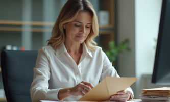 Femme d'âge moyen insérant des documents dans une enveloppe au bureau
