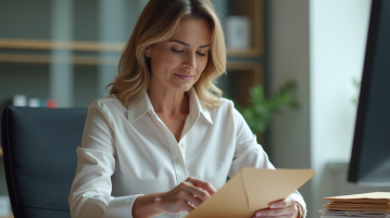 Femme d'âge moyen insérant des documents dans une enveloppe au bureau